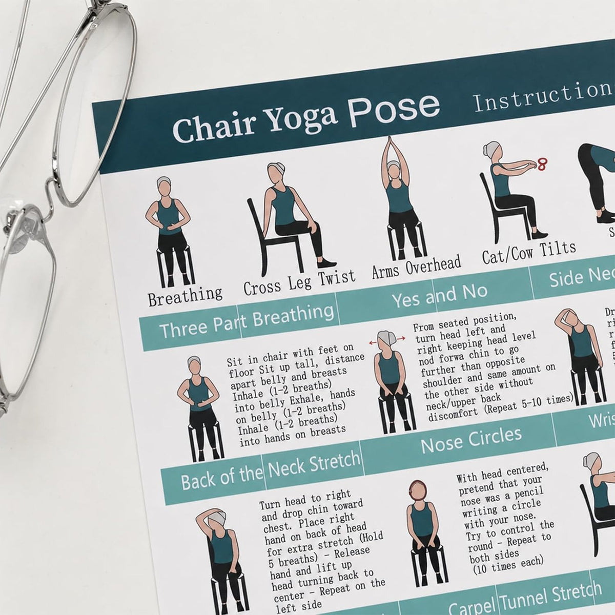 Chair Yoga Exercise Posters 4 Pack Seated Workout Charts for Seniors Beginners 8X10 Inch Fitness Guides for Flexibility Strength Physical Therapy Home Use (Green)
