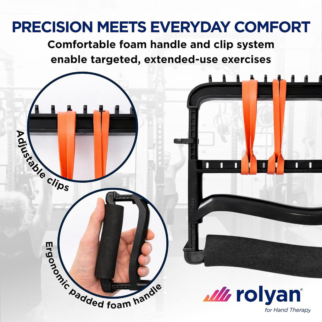 Rolyan Ergonomic Hand Exerciser with Padded Handle, Adjustable Squeeze Tool, 4 Pairs of Rubber Bands for Progressive Resistance, Improves Hand Grip Strength in Fingers, Hand, & Thumb, Black