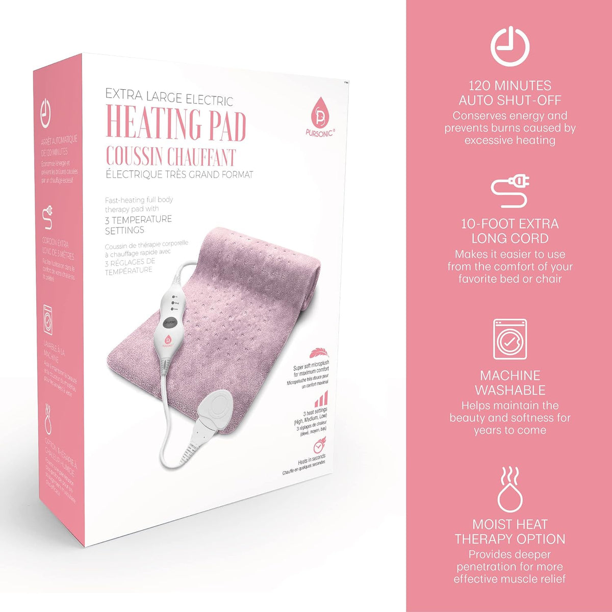 Extra Large Electric Heating Pad for Back Pain and Cramps Relief - 12" x 24" Heating Pad for Back Pain Relief, Neck, Shoulder - Dry & Moist Heat Option 2 Hours Auto Shut-Off (Rose Gold)