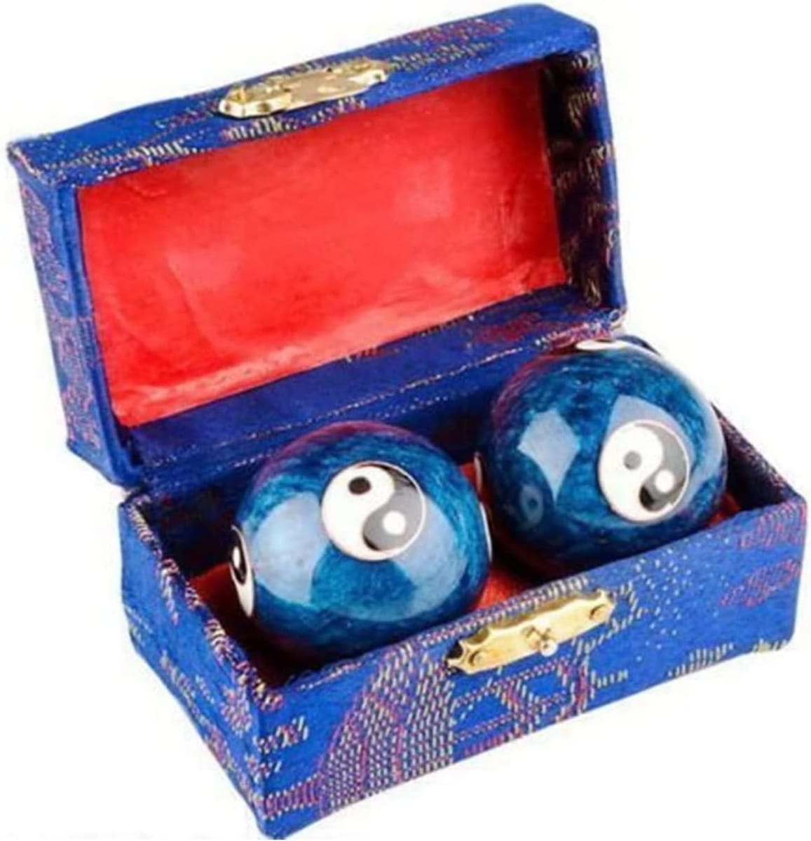 Blue Baoding balls in their box