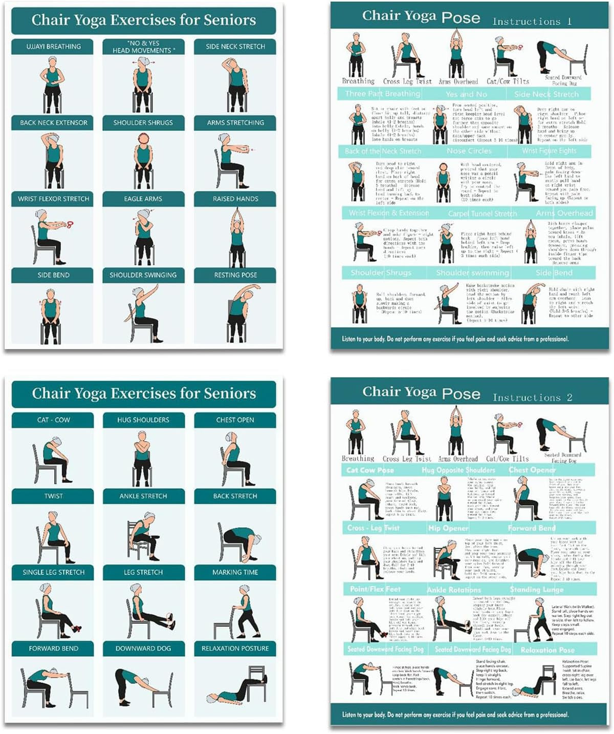 Chair Yoga Exercise Posters 4 Pack Seated Workout Charts for Seniors Beginners 8X10 Inch Fitness Guides for Flexibility Strength Physical Therapy Home Use (Green)